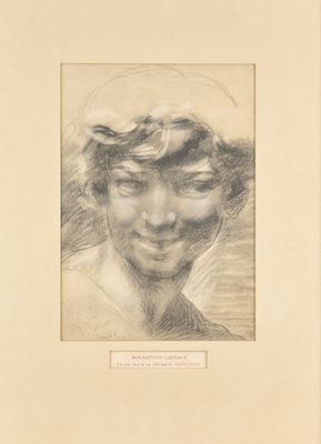 un vieux dessin d'une femme avec un chapeau sur la tête