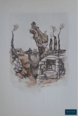 a drawing of a giraffe standing on top of a rock