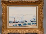 une peinture à l'huile représentant des bateaux sur une plage, dans un cadre doré
