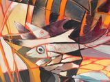 un tableau représentant un poisson posé sur une table, avec un couteau à côté