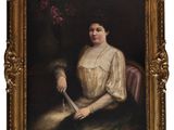 un vieux tableau représentant une femme en robe blanche tenant un couteau