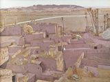 painting of a village in the middle of a desert with a river running through it