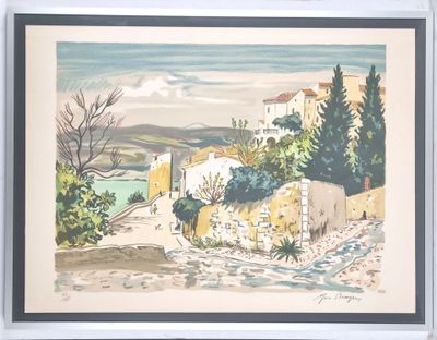 painting of a view of a village with a river in the foreground