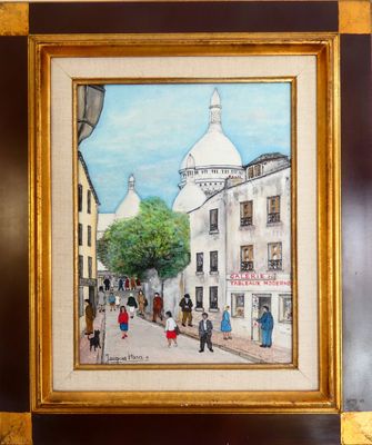 peinture d'une scène de rue avec des personnes marchant dans la rue