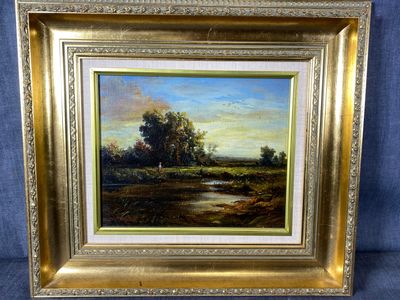 un tableau représentant un paysage avec des arbres et de l'eau, dans un cadre doré