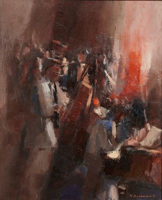 une peinture à l'huile représentant un groupe de personnes jouant de la musique dans une pièce