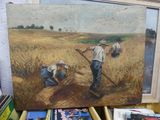 un tableau représentant deux hommes travaillant dans un champ