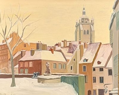 a painting of a snowy town with a clock tower in the background