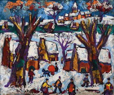 une peinture à l'huile représentant un groupe de personnes jouant dans la neige