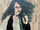 a painting of a woman with long black hair