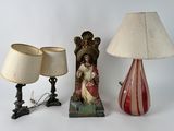 two lamps and a statue of a woman on a table