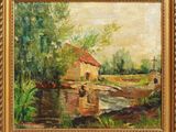 un tableau représentant une maison au bord d'une rivière, avec un pont