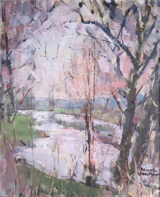 an oil painting of trees and water in a field