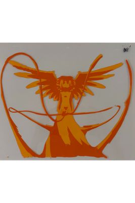 orange and white drawing of a woman with a bird on her head