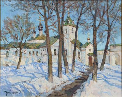 une peinture à l'huile représentant une église sous la neige, avec des arbres au premier plan