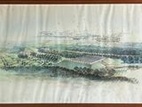 painting of a landscape with a river and a city in the distance