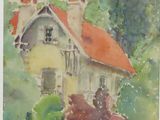an image of a painting of a house with a red roof