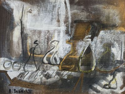 A. DESACHÉ. "Intérieur avec bouteilles, Le bouquet"