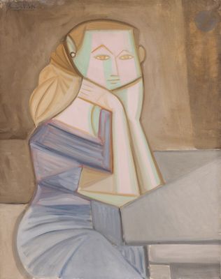 tableau représentant une femme assise à une table, la main posée sur le menton