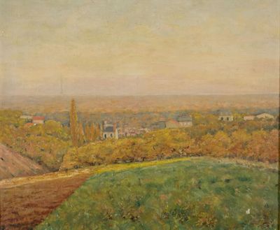 École française vers 1920 « Paysage au soleil couchant » Hui…