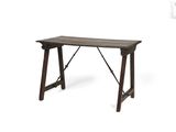 the table is made of wood and has a metal frame