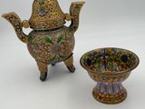 pair of chinese cloise enamel teapots and a bowl