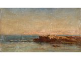 a painting of a rocky coast with a lighthouse in the distance