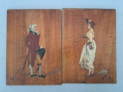 deux tableaux représentant un homme et une femme, peints sur un panneau de bois