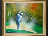 painting of a man hitting a golf ball out of a bunker
