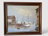 painting of a harbor scene with a boat in the water and a building in the background