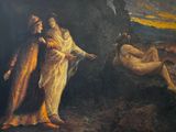 une peinture à l'huile représentant une femme debout à côté d'un homme dans une grotte