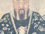 an old painting of a man with a beard holding a monkey