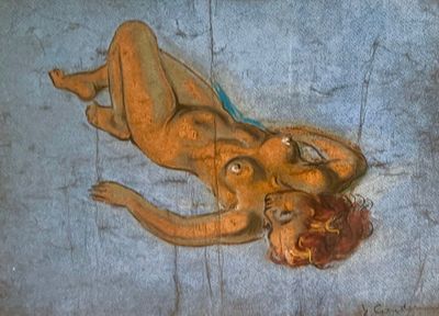 un tableau représentant une femme nue allongée sur le sol