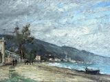 un tableau représentant une scène de plage avec un bateau sur le rivage