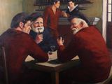 tableau représentant un groupe d'hommes assis autour d'une table en train de boire du vin