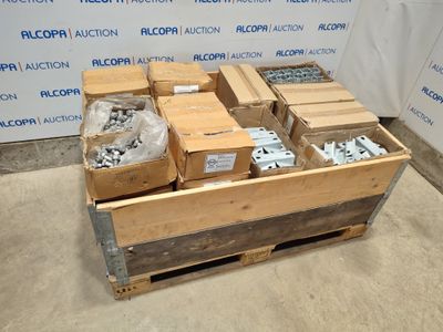 many boxes of screws and nuts on a pallet