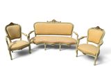 three pieces of furniture including a couch, chair, and ottoman