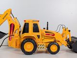 a yellow toy bulldozer with a bucket on the back