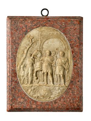 an image of a stone plaque with an image of a group of people