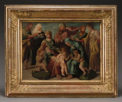 a painting of a group of people with a baby in a gold frame