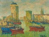 painting of boats in a harbor with a castle in the background