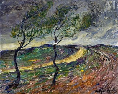 tableau représentant deux arbres dans un champ sous un ciel nuageux