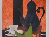 une image représentant une peinture d'une théière et de fruits posés sur une table