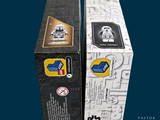 two boxes of lego star wars figures on a blue background