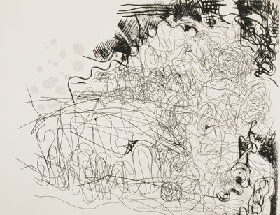 a black and white drawing of a man sitting on a bench