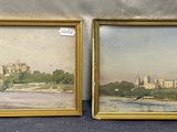 une paire de peintures à l'huile représentant un paysage avec un château au loin