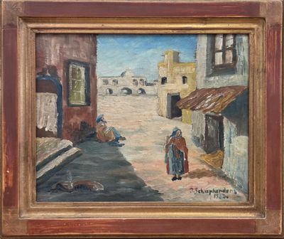 an oil painting of a woman walking down a street in a village