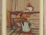 une image d'un tableau représentant un vase de fleurs sur une table