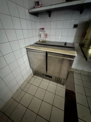 une cuisine avec un évier et un réfrigérateur