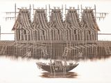 un dessin représentant un bateau sur un plan d'eau